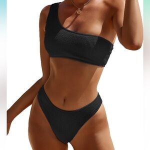 Women's Ribbed Bikini One Shoulder Top Mid waist 2Piece Bathing Suit size XL A90